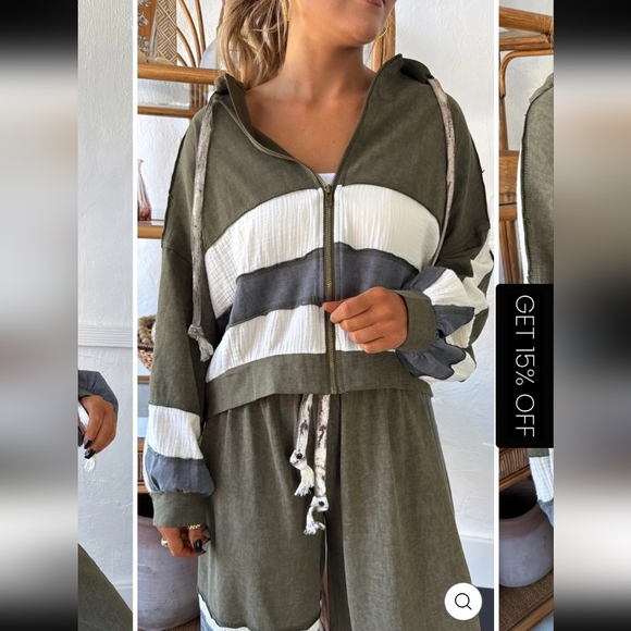 POL Colorblock Olive White Blue Stripes 100% Cotton Zippered Hoodie - Picture 2 of 13